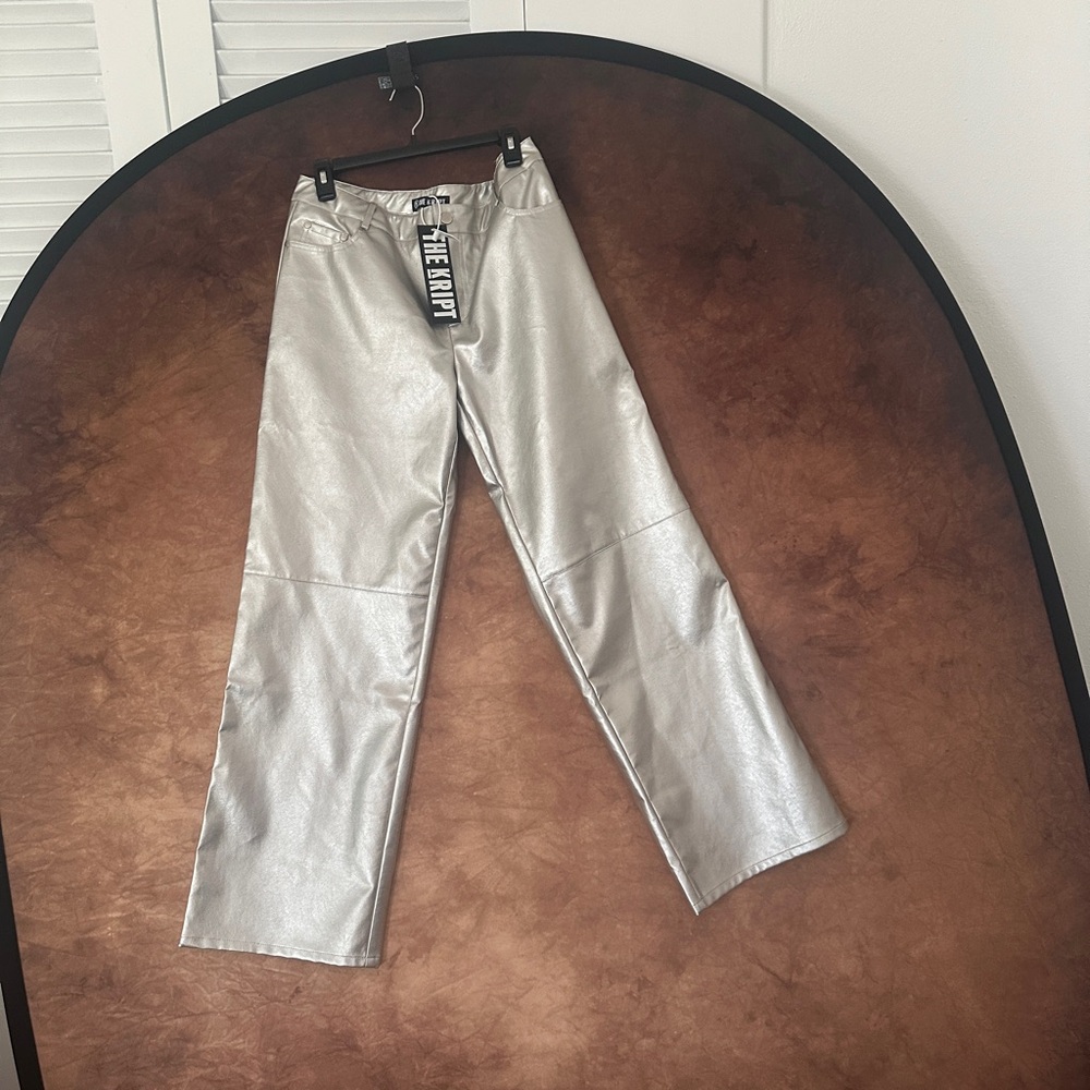 The Kript Silver Metallic Wide Leg Pants